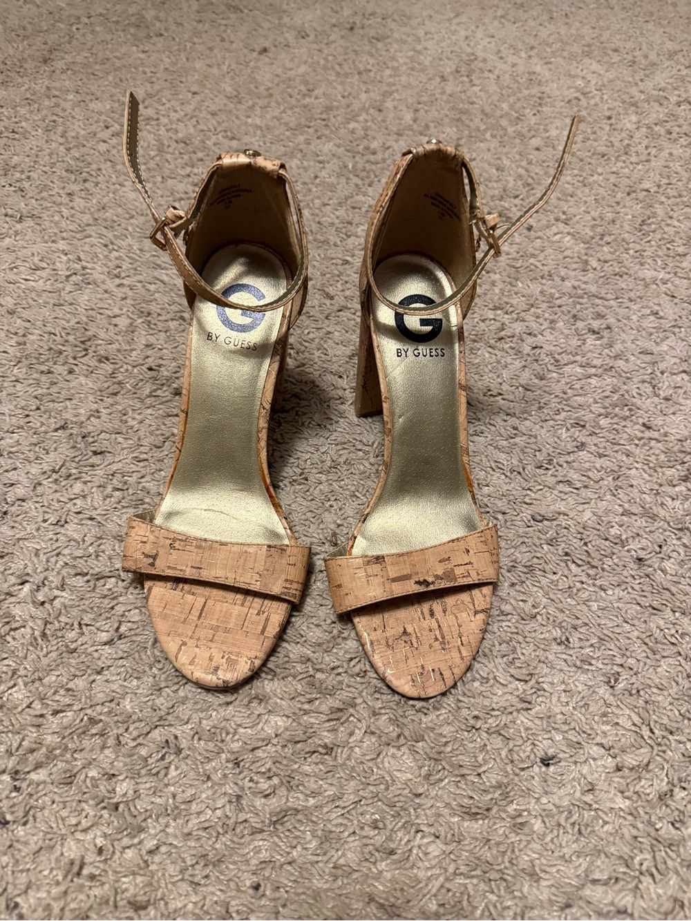 G by Guess Cork Ankle-Strap Heels in Natural Tan